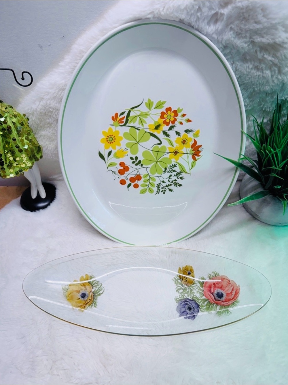 Set of Floral Green/Gold Trim Serving Platters White w/ Multicolor Flower Design - Picture 1 of 4